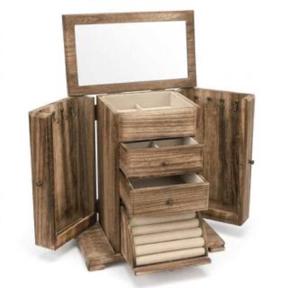 Wood Jewelry Box with Mirror and Linen Compartments